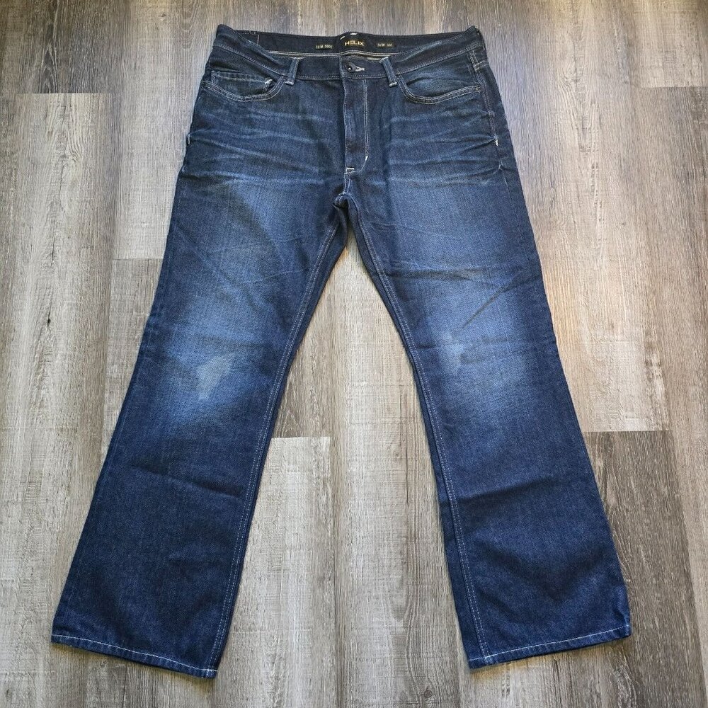 Helix Jeans Mens 36x30 Slim Boot Dark Wash Cotton Denim Whiskered Indigo Blue